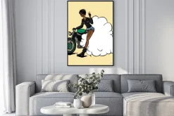 Plakat: Funny vector cartoon african biker girl in pin-up style isolated