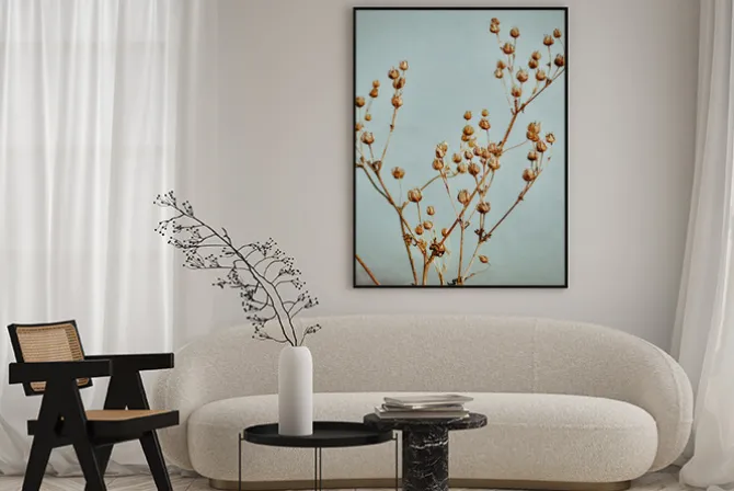 Plakat: Gałązki lnu na niebieskim tle