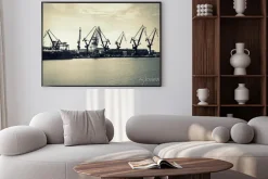 Plakat: Gdańska stocznia z dźwigami