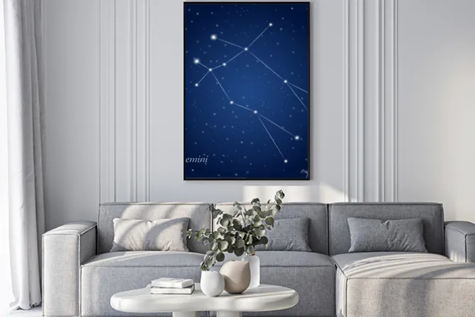 Plakat: Gemini znak konstelacji zodiaku na rozgwieżdżone niebo