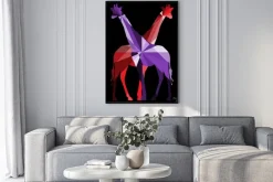 Plakat: Geometria pary wektor żyrafy w fioletowych i czerwonych odcieniach