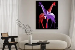 Plakat: Geometria pary wektor żyrafy w fioletowych i czerwonych odcieniach