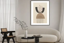 Plakat: Geometryczne kształty z roślinnością na beżowym tle