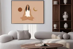 Plakat: Girl or woman meditate in lotus asana or position with sun and