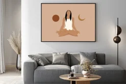 Plakat: Girl or woman meditate in lotus asana or position with sun and