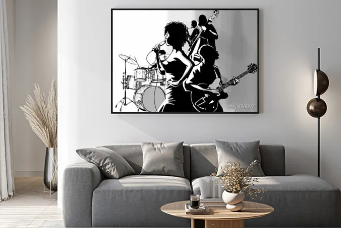 Plakat: Gitara wokalista jazzowy saksofon i odtwarzacz kontrabasu