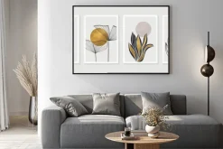 Plakat: Gold botanical wall art vector set. earth tone boho foliage line