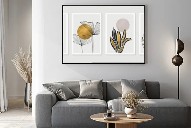 Plakat: Gold botanical wall art vector set. earth tone boho foliage line