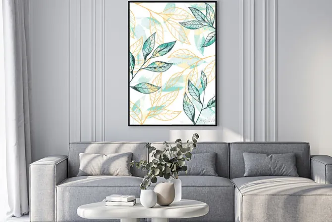 Plakat: Golden and green leaves pattern. hand drawn vector background