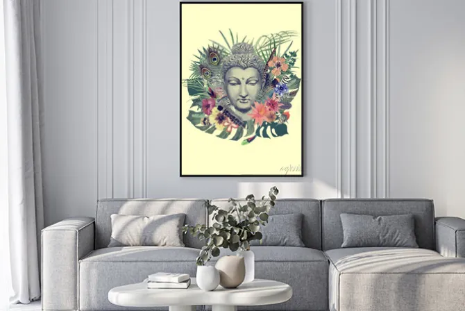 Plakat: Głowa buddy w kompozycji z kwiatów i piór