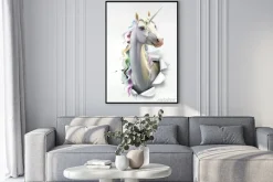 Plakat: Głowa jednorożca z tęczowymi włosami