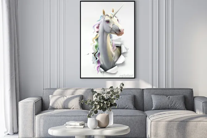 Plakat: Głowa jednorożca z tęczowymi włosami