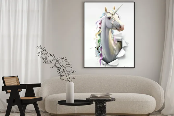 Plakat: Głowa jednorożca z tęczowymi włosami