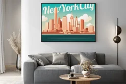 Plakat: Grafika retro z drapaczami chmur