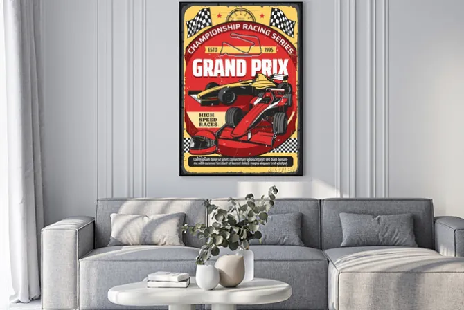 Plakat: Grafika retro z wyścigami samochodowymi