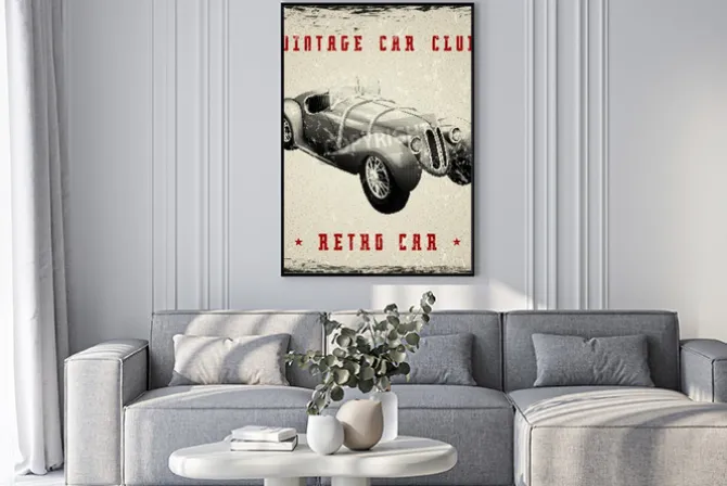 Plakat: Grafika retro z zabytkowym autem