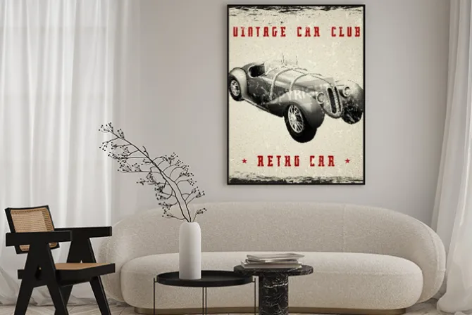 Plakat: Grafika retro z zabytkowym autem