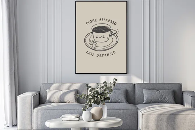 Plakat: Grafika z kawą i cytat