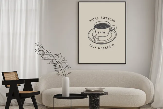 Plakat: Grafika z kawą i cytat