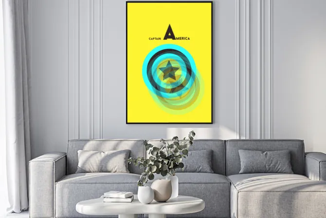 Plakat: Grafika z logo kapitana ameryki na granatowym tle