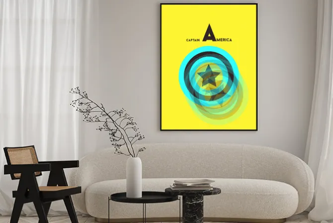 Plakat: Grafika z logo kapitana ameryki na granatowym tle