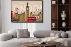 Plakat: Grafika z symbolami londynu i czerwonym autobusem