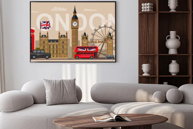 Plakat: Grafika z symbolami londynu i czerwonym autobusem