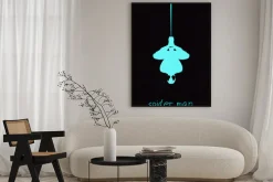 Plakat: Grafika z wiszącym czerwonym spider manem