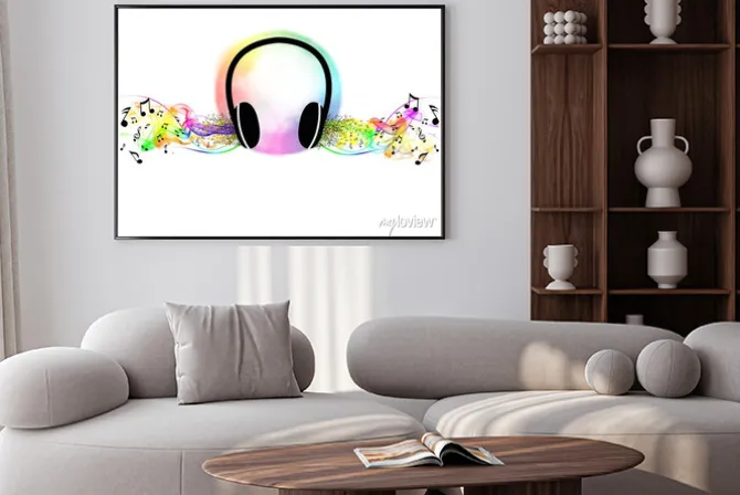 Plakat: Grafika ze słuchawkami i nutami na białym tle