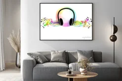 Plakat: Grafika ze słuchawkami i nutami na białym tle