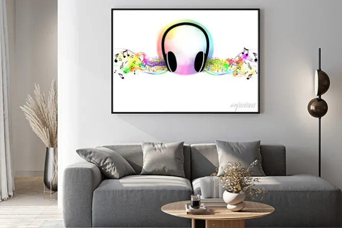 Plakat: Grafika ze słuchawkami i nutami na białym tle