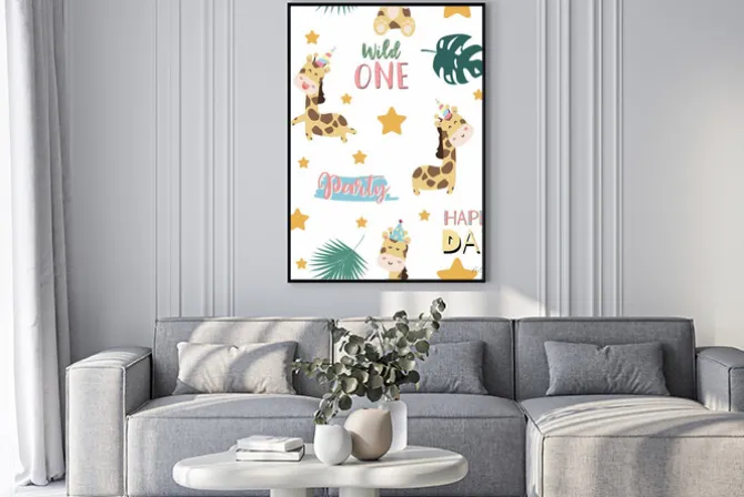 Plakat: Green pastel seamless pattern with giraffe smiling,horn,star.