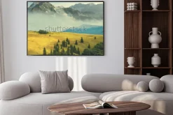 Plakat: Górski krajobraz, skalista góra w mgle ukośną trawiastą górę