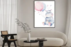 Plakat: Hand drawn cute isolated tropical summer watercolor hippo animals.