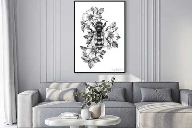 Plakat: Hand drawn monochrome bee among dog rose flowers