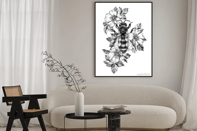 Plakat: Hand drawn monochrome bee among dog rose flowers