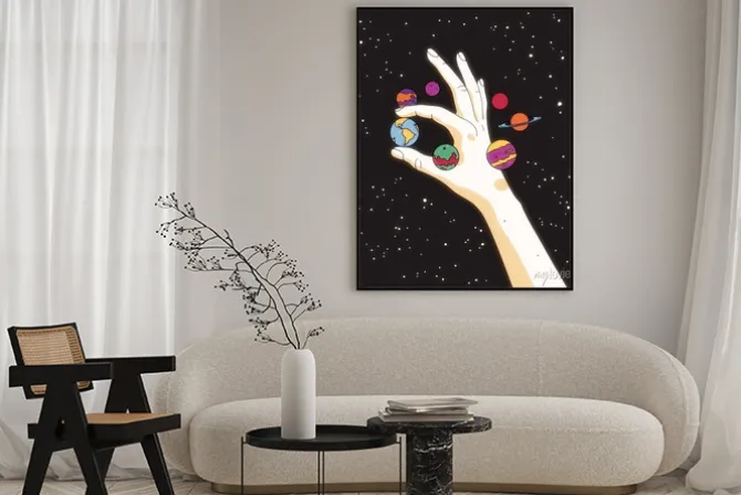 Plakat: Hand holding earth. planets in space. save world. world earth