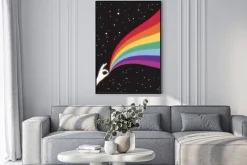 Plakat: Hand holds rainbow in space. lgbt flag. romantic retro poster