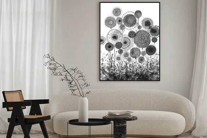 Plakat: Hand made ink drawings with floral motifs resembling dandelions,
