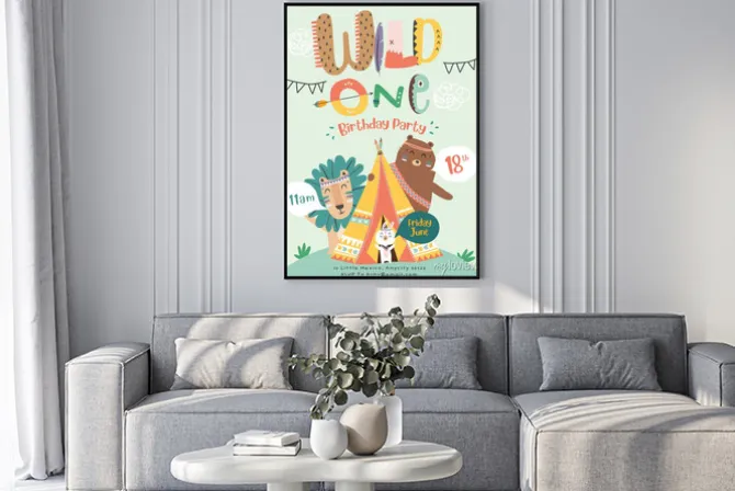 Plakat: Happy birthday party invitation card with cartoon tribal animals.