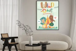 Plakat: Happy birthday party invitation card with cartoon tribal animals.