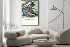 Plakat: Hokusai wodospad i yoshitsune myjący swojego konia