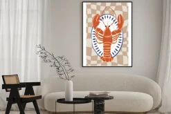 Plakat: Homar na talerzu z kratkowanym tłem