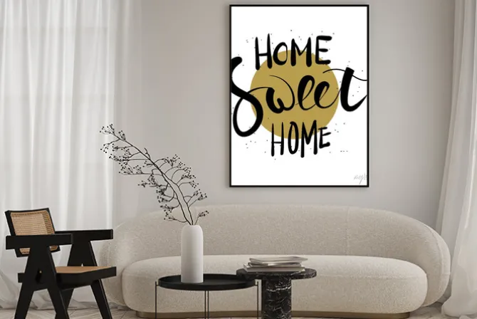 Plakat: Home sweet home ręcznie drukiem.