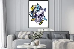 Plakat: Human dead head with exotic butterflies. watercolor for halloween,