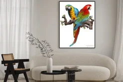 Plakat: Illustration drawing of green wing macaw birds.