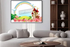 Plakat: Illustration of a castle with blooming flowers on a white background