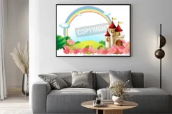 Plakat: Illustration of a castle with blooming flowers on a white background