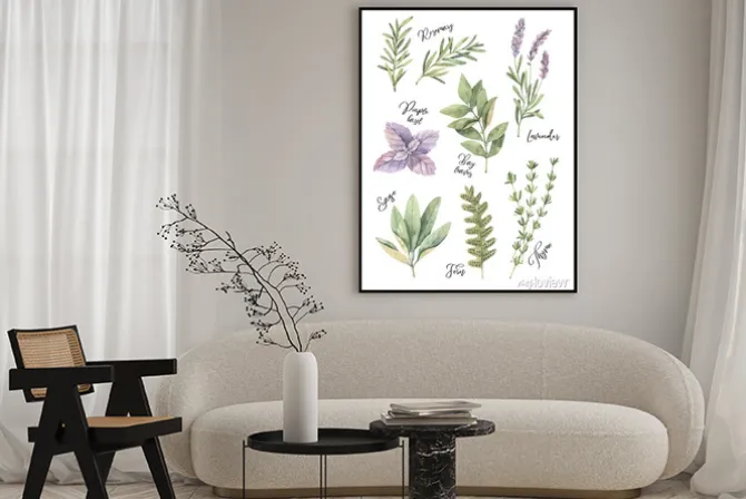 Plakat: Ilustracja akwarela. plakat z botanicznymi zielonymi liśćmi,