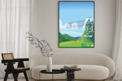 Plakat: Ilustracja cartoon wektora tle fantasy z zielonych wzgórz i zamek